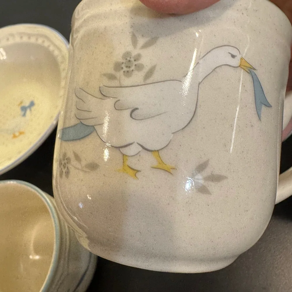 International China Stoneware Set 7pc Cream Country Geese Blue Bow Farmhouse